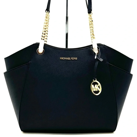 Michael Kors Jet Set Travel Large Chain Shoulder Tote Bag Black/Gold - Picture 1 of 12